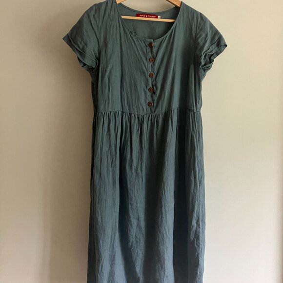 Pyne & Smith Model No.11 Classic Button Up Midi Linen Dress in Salcombe Blue - S - Picture 2 of 4